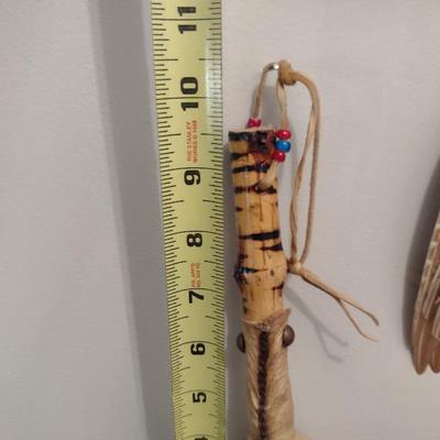 Native American Leather and Wooden Shamanic Rattle and Feather Smudge Fan