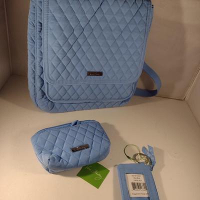Vera Bradley Quilted Sky Blue Shoulder Bag with ID Case and Cosmetic Bag