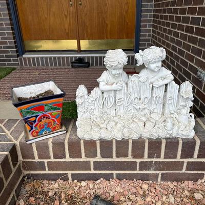 CUTE RESIN WELCOME STONE AND TALAVERA TAPERED SQUARE PLANTER WITH SAUCER