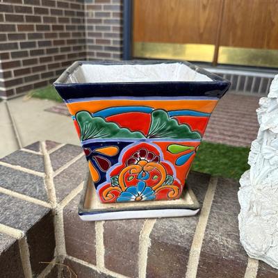 CUTE RESIN WELCOME STONE AND TALAVERA TAPERED SQUARE PLANTER WITH SAUCER