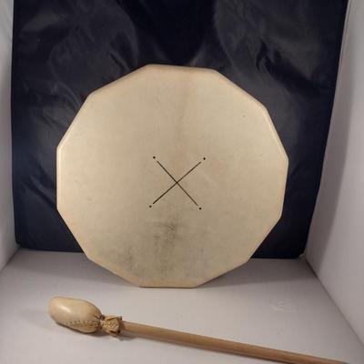 Leather and Wood Frame Shaman's Drum with Mallet- Approx 14 1/2" in Diameter