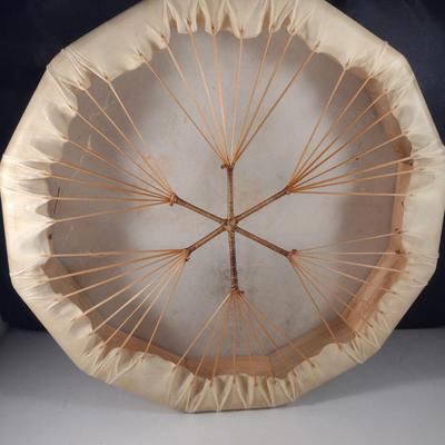 Leather and Wood Frame Shaman's Drum with Mallet- Approx 14 1/2" in Diameter