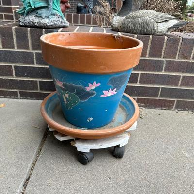 GEESE YARD/GARDEN DECOR AND HAND PAINTED TERRACOTTA PLANTER WITH SAUCER ON PLANT DOLLY
