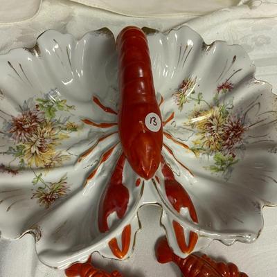 Vintage Tielsch Altwasser Porcelain Lobster Divided Serving Dish and Lobster Shakers