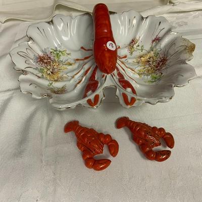 Vintage Tielsch Altwasser Porcelain Lobster Divided Serving Dish and Lobster Shakers