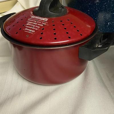 Assorted Enamelware and Metal Strainer