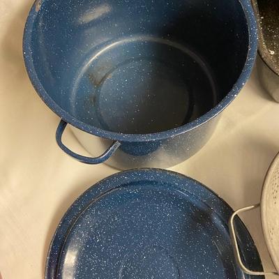 Assorted Enamelware and Metal Strainer