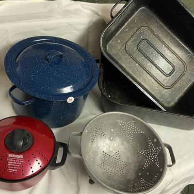 Assorted Enamelware and Metal Strainer