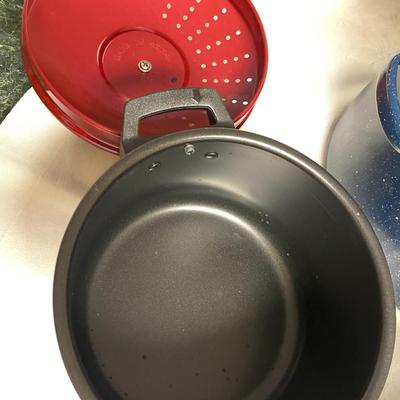 Assorted Enamelware and Metal Strainer