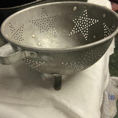 Assorted Enamelware and Metal Strainer