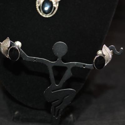 Matching Sterling Necklace and Screw-On Earrings w/ Onyx 16