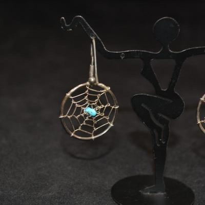 925 Sterling and Turquoise Dreamcatcher Earrings 3.8g