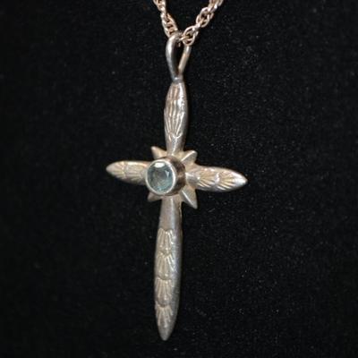 925 Sterling Cross with Aquamarine on 925 Rope Chain 18