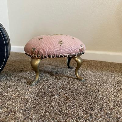 VINTAGE PARIS HAT BOX AND VINTAGE FLORAL NEEDLEPOINT FOOT STOOL