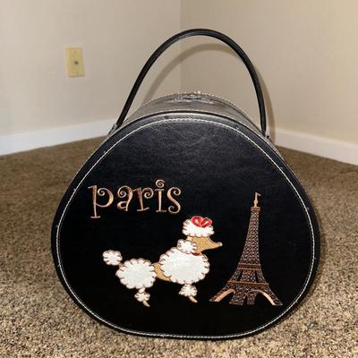VINTAGE PARIS HAT BOX AND VINTAGE FLORAL NEEDLEPOINT FOOT STOOL
