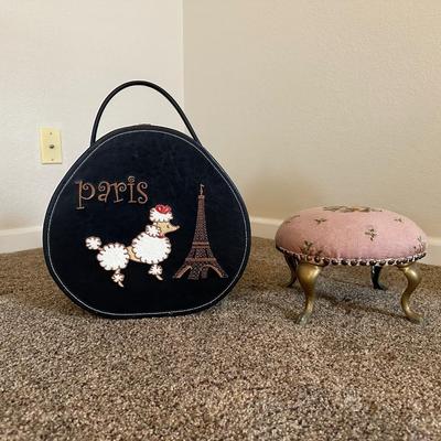 VINTAGE PARIS HAT BOX AND VINTAGE FLORAL NEEDLEPOINT FOOT STOOL