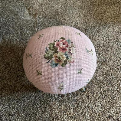 VINTAGE PARIS HAT BOX AND VINTAGE FLORAL NEEDLEPOINT FOOT STOOL