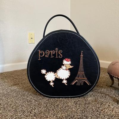 VINTAGE PARIS HAT BOX AND VINTAGE FLORAL NEEDLEPOINT FOOT STOOL
