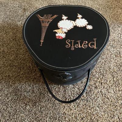 VINTAGE PARIS HAT BOX AND VINTAGE FLORAL NEEDLEPOINT FOOT STOOL