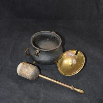 Vintage Cast Iron and Brass Smudge Pot w/ Brass Wand 6x6 10