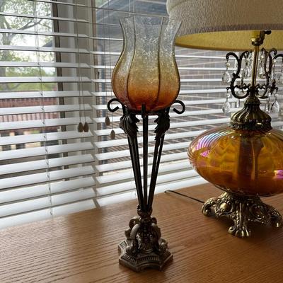 AMBER GLASS LAMP AND CRACKLE GLASS CANDLE HOLDERS