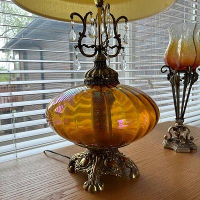 AMBER GLASS LAMP AND CRACKLE GLASS CANDLE HOLDERS