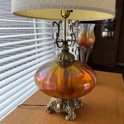 AMBER GLASS LAMP AND CRACKLE GLASS CANDLE HOLDERS