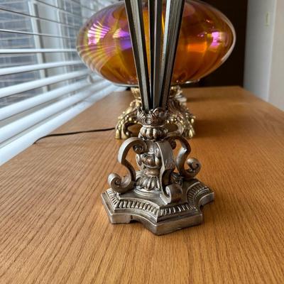 AMBER GLASS LAMP AND CRACKLE GLASS CANDLE HOLDERS