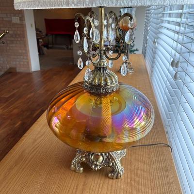 AMBER GLASS LAMP AND CRACKLE GLASS CANDLE HOLDERS