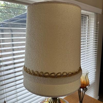 AMBER GLASS LAMP AND CRACKLE GLASS CANDLE HOLDERS