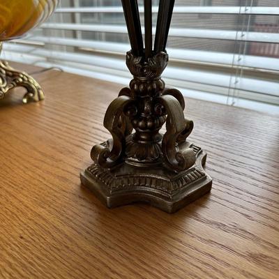 AMBER GLASS LAMP AND CRACKLE GLASS CANDLE HOLDERS