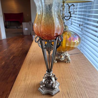 AMBER GLASS LAMP AND CRACKLE GLASS CANDLE HOLDERS