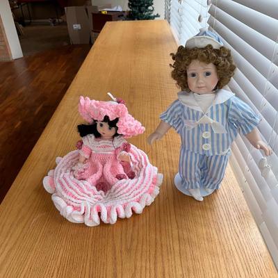 SEYMOUR MANN SAMMY PORCELAIN DOLL AND HAND CROCHETED BED PILLOW DOLL