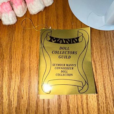 SEYMOUR MANN SAMMY PORCELAIN DOLL AND HAND CROCHETED BED PILLOW DOLL