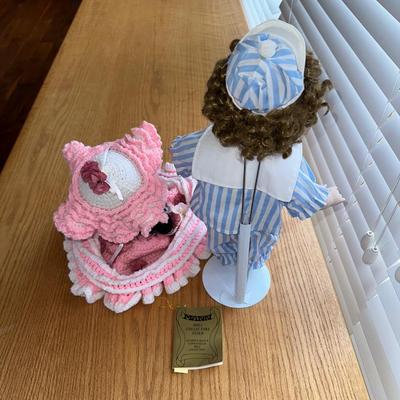 SEYMOUR MANN SAMMY PORCELAIN DOLL AND HAND CROCHETED BED PILLOW DOLL