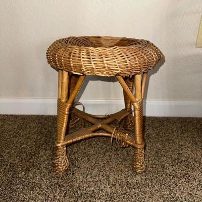 CHRISTMAS STUFFED ANIMALS, LARGE STRAW BASKET, WICKER CHAIR AND STOOL