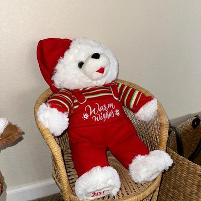 CHRISTMAS STUFFED ANIMALS, LARGE STRAW BASKET, WICKER CHAIR AND STOOL