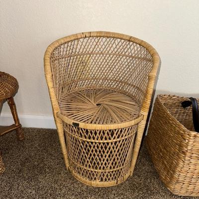 CHRISTMAS STUFFED ANIMALS, LARGE STRAW BASKET, WICKER CHAIR AND STOOL