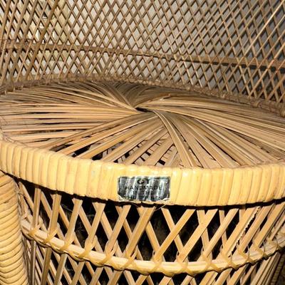 CHRISTMAS STUFFED ANIMALS, LARGE STRAW BASKET, WICKER CHAIR AND STOOL