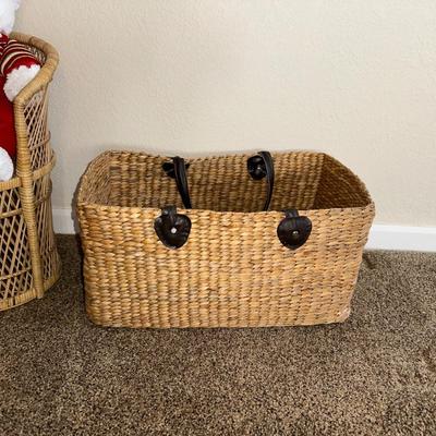 CHRISTMAS STUFFED ANIMALS, LARGE STRAW BASKET, WICKER CHAIR AND STOOL