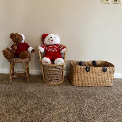 CHRISTMAS STUFFED ANIMALS, LARGE STRAW BASKET, WICKER CHAIR AND STOOL