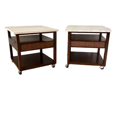 835 Pair of Mid Century Marble Top Nightstands by Harvey Probber