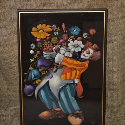 Framed Vintage Clown Painting on Black Velvet Signed Velez