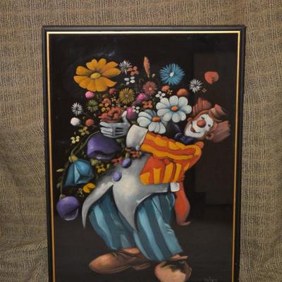 Framed Vintage Clown Painting on Black Velvet Signed Velez