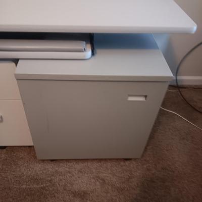 WORKSTATION WITH PULL OUT SHELF, 2 DRAWER FILE CABINET AND 1 DOOR STORAGE CABINET