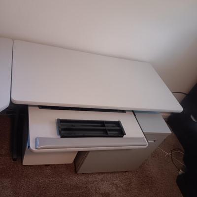 WORKSTATION WITH PULL OUT SHELF, 2 DRAWER FILE CABINET AND 1 DOOR STORAGE CABINET