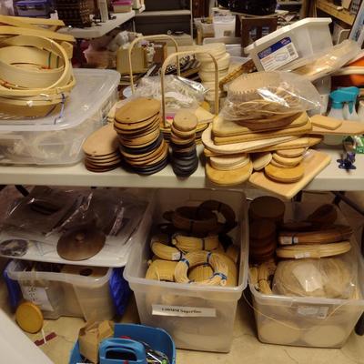 Collection of Basket Making Supplies- Reed, Wooden Bottoms, Handles, etc