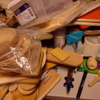 Collection of Basket Making Supplies- Reed, Wooden Bottoms, Handles, etc