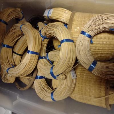 Collection of Basket Making Supplies- Reed, Wooden Bottoms, Handles, etc