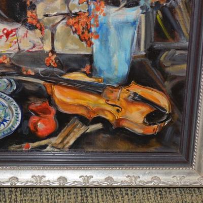 Original Still Life Oil Painting in Painted Ornate Silver Frame 17.5